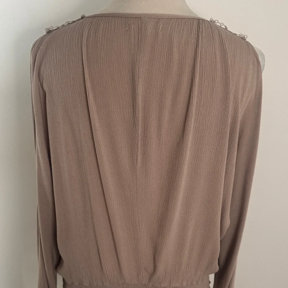 Phanuel Cold Shoulder Beige Blouse with White Floral Embroidery